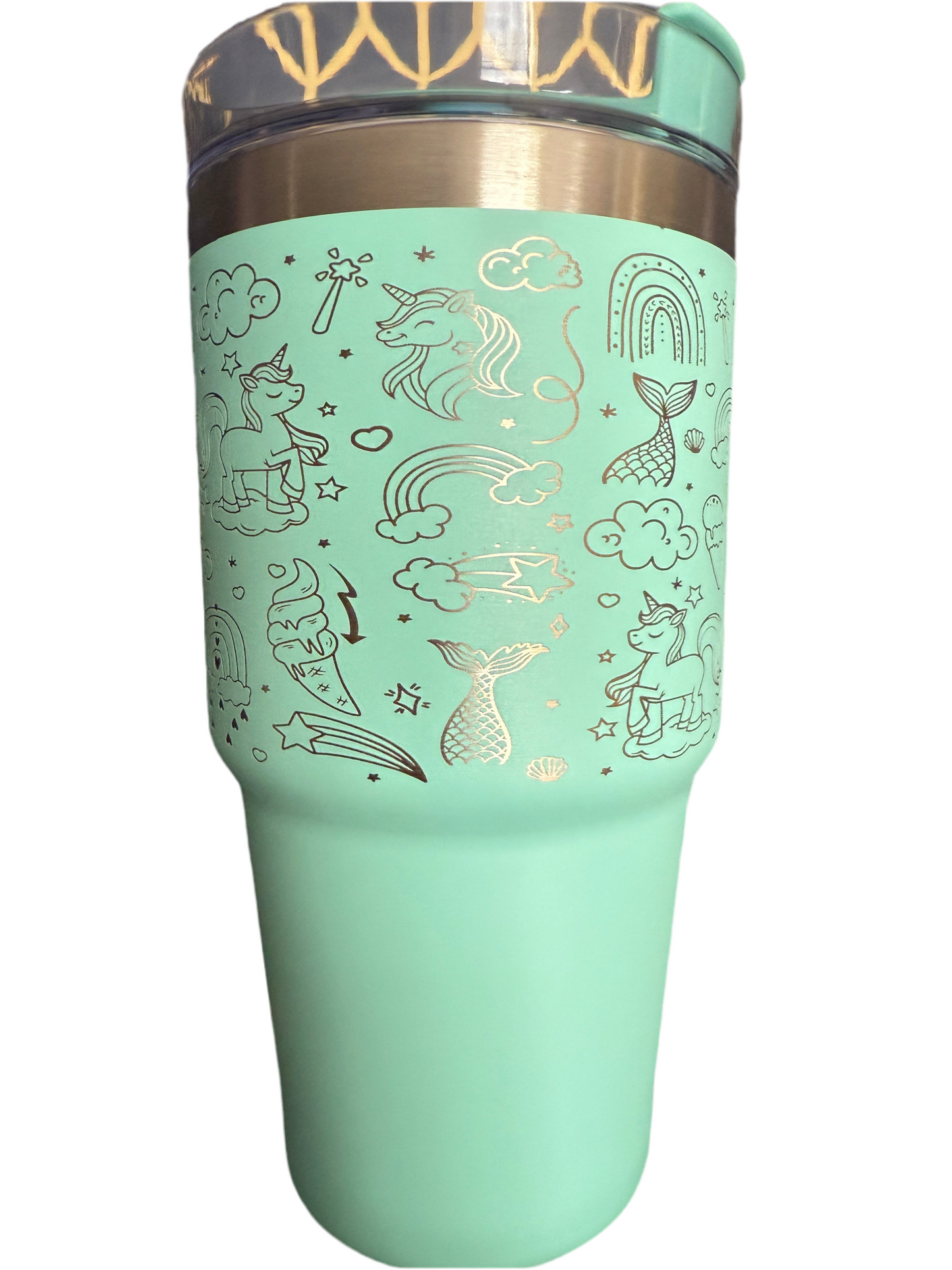 20 ounce Tumbler Rainbows, Unicorns, and Snacks Mint With Straw