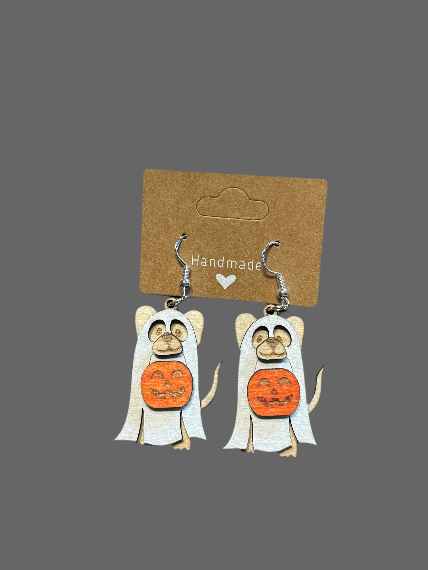 Halloween Ghost Dog Earrings 3 Layer Wood 1.5 inch