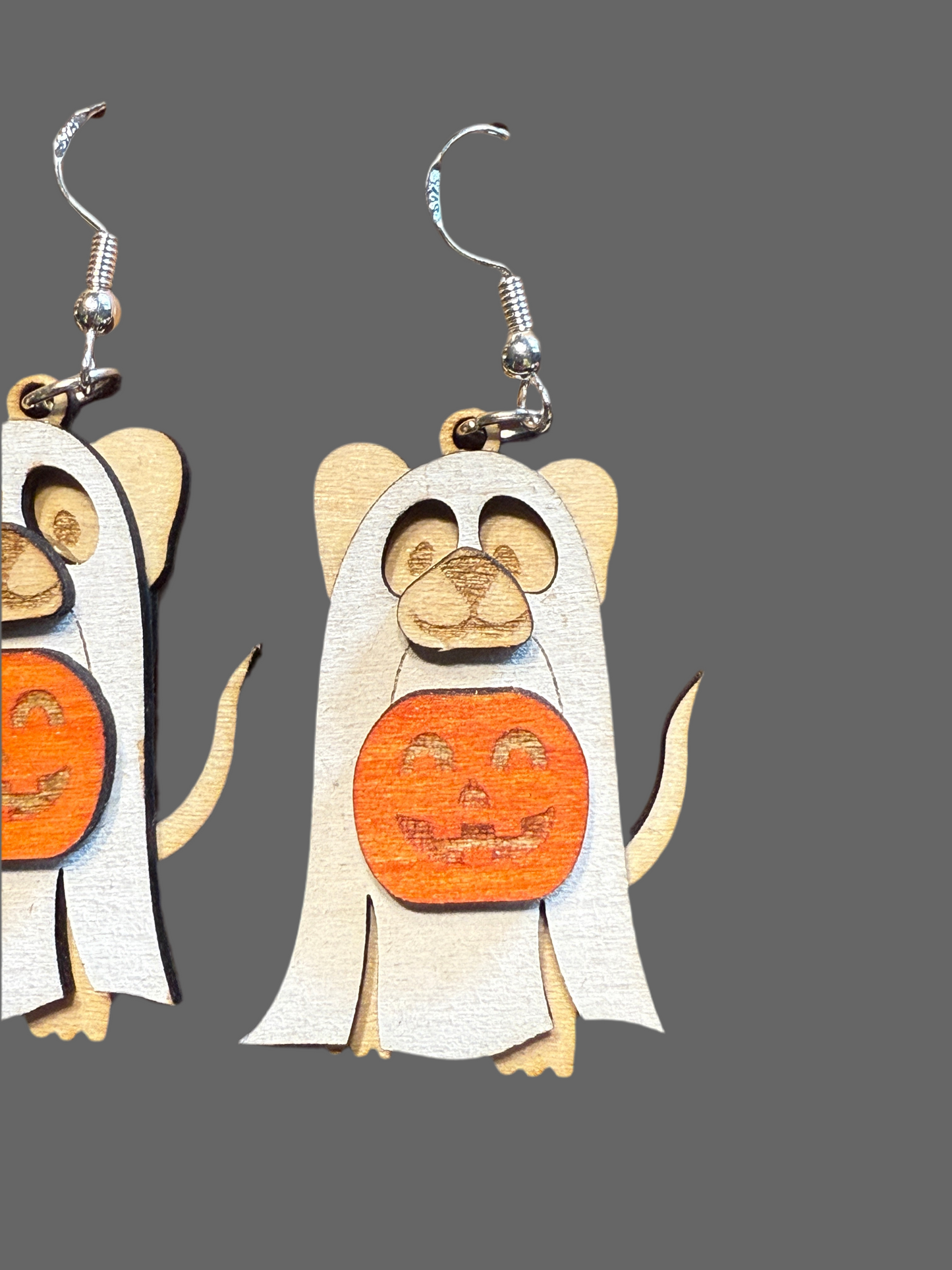Halloween Ghost Dog Earrings 3 Layer Wood 1.5 inch