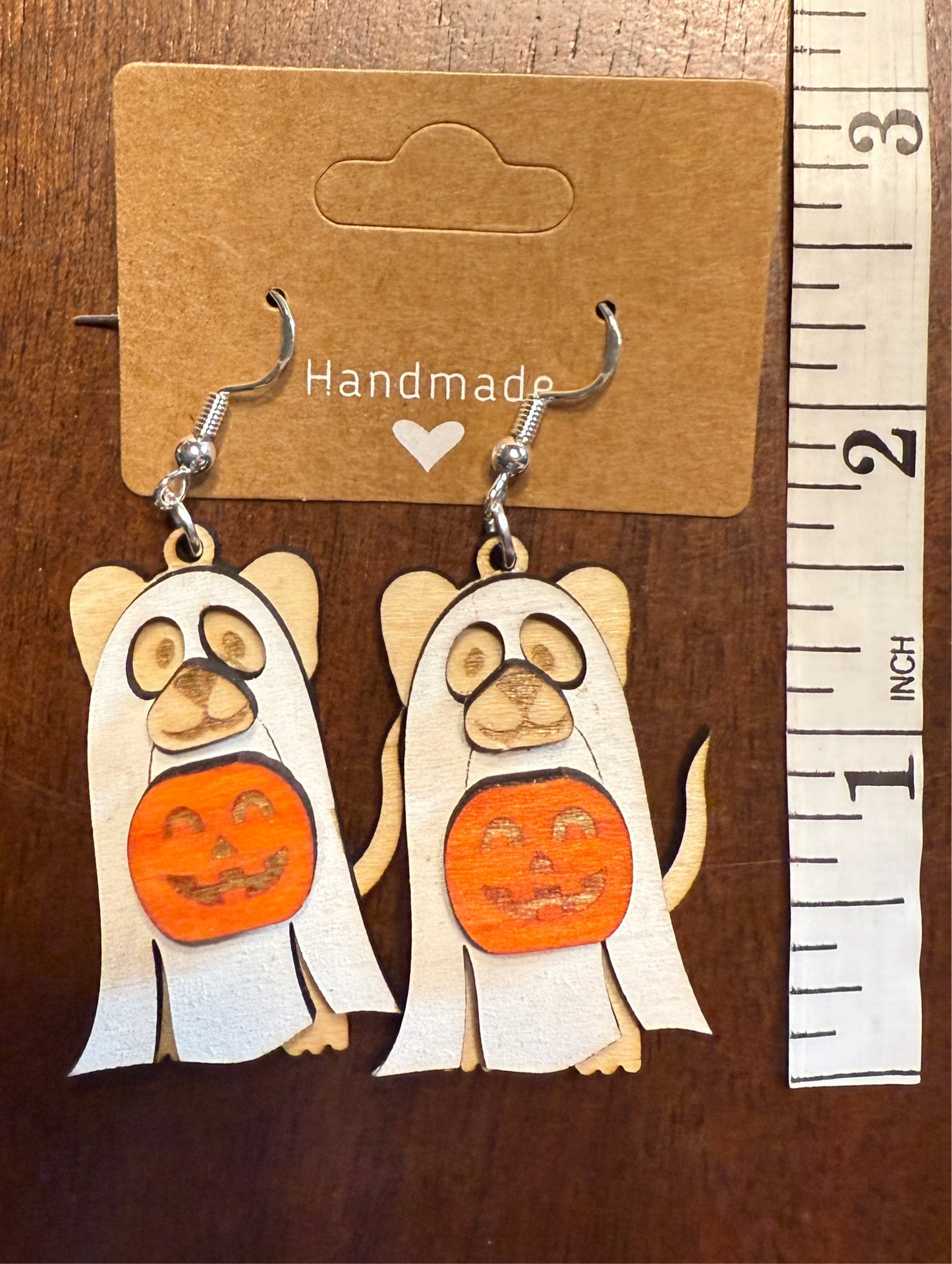Halloween Ghost Dog Earrings 3 Layer Wood 1.5 inch