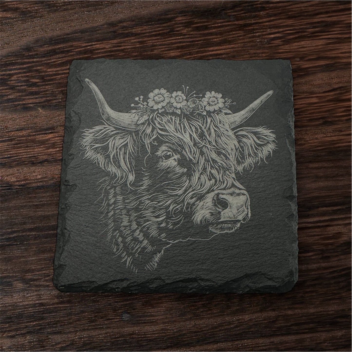 Set Of 4 Highlands Cow Queen Slate Coaster 4 Inch