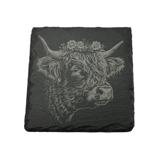 Set Of 4 Highlands Cow Queen Slate Coaster 4 Inch