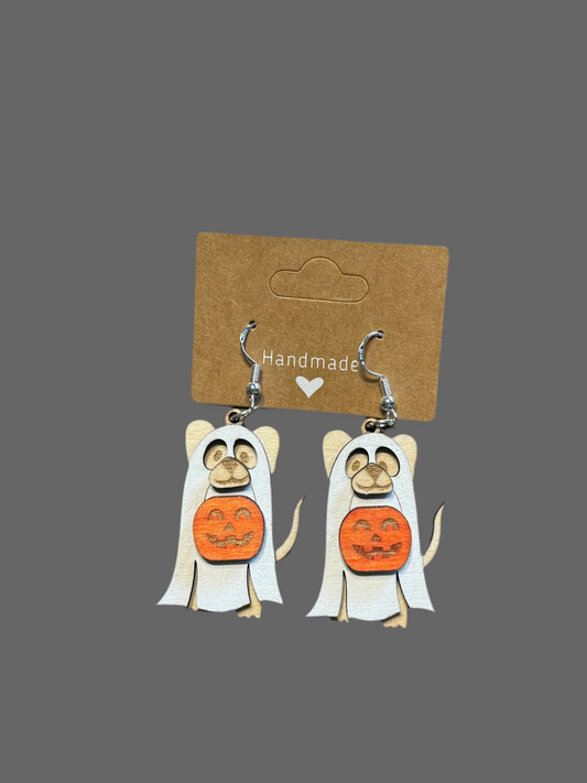 Halloween Ghost Dog Earrings 3 Layer Wood 1.5 inch