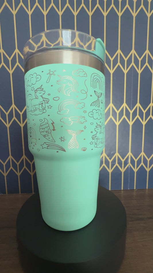 20 ounce Tumbler Rainbows, Unicorns, and Snacks Mint With Straw